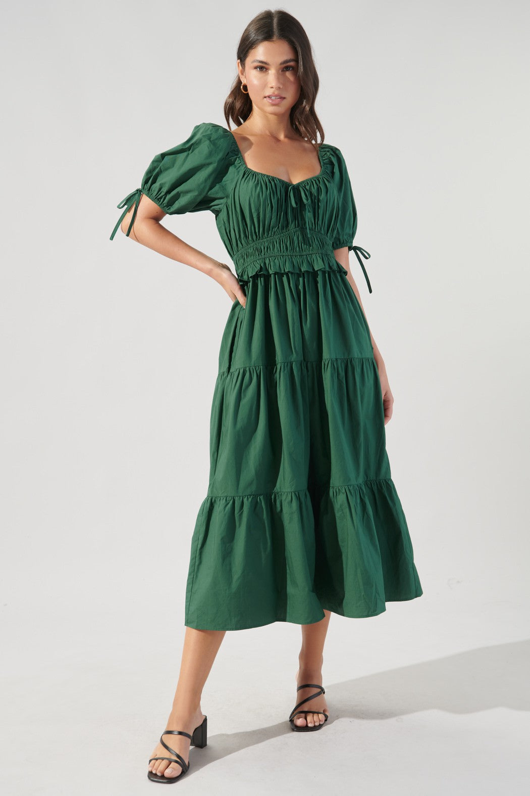 Maribeth Poplin Puff Sleeve Tiered Midi Dress