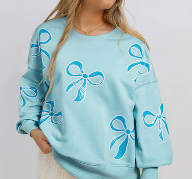 Beau Blue Sequined Bowknot Drop Shoulder Oversized Sweatshirt