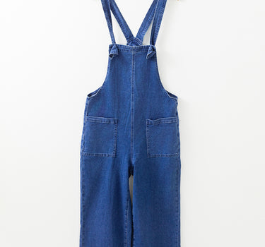 Prussian Blue Mineral Wash Knotted Strap Patched Pocket Wide Leg Denim Overalls