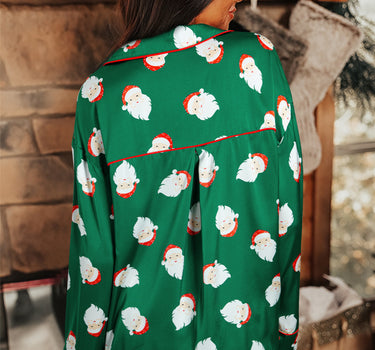 Green Christmas Santa Claus Print Satin Shirt and Shorts Pajama Set