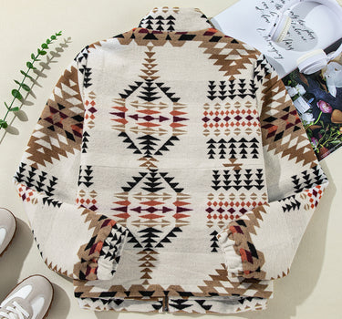 Beige Aztec Printed Stand Neck Zip Up Jac↑ket