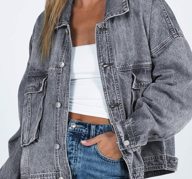 Gray Chest Pockets Drop Shoulder Loose Denim Jacket