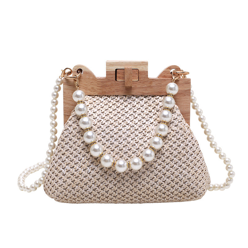 Women's small straw solid color streetwear pearls lock clasp straw bag