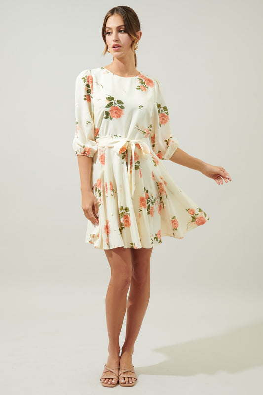 MORNING BLUSH FLORAL COLLINS GODET MINI DRESS