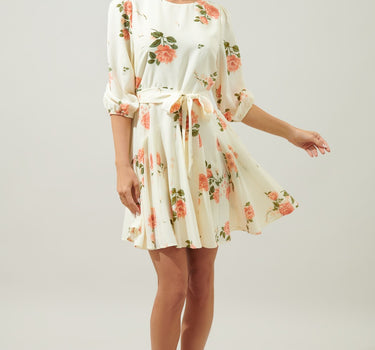 MORNING BLUSH FLORAL COLLINS GODET MINI DRESS