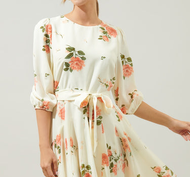 MORNING BLUSH FLORAL COLLINS GODET MINI DRESS