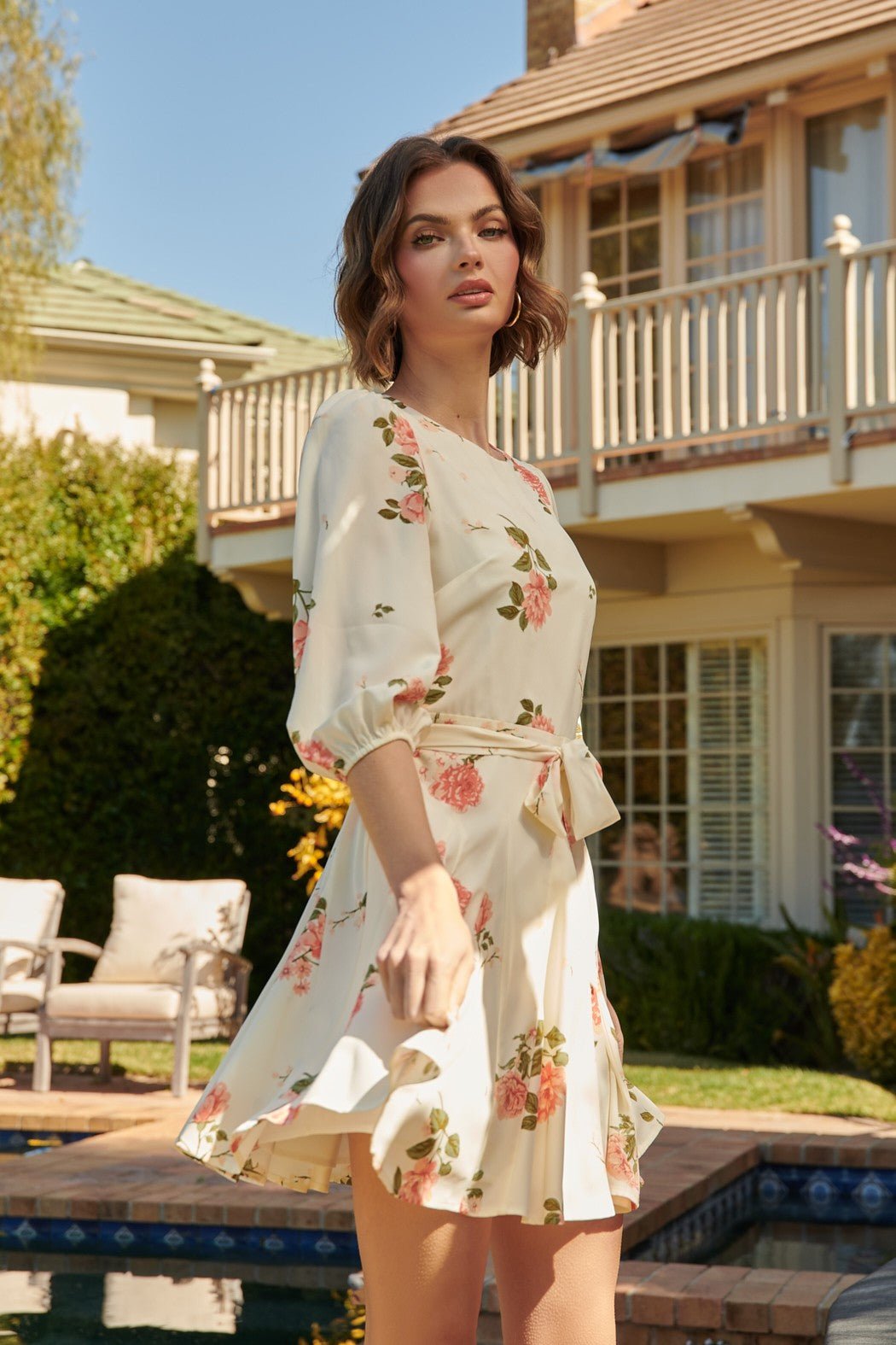 MORNING BLUSH FLORAL COLLINS GODET MINI DRESS