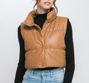 PU Faux Leather puffer West With Snap Button