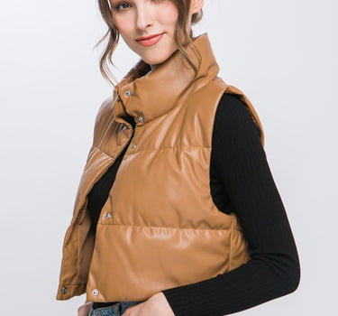 PU Faux Leather puffer West With Snap Button