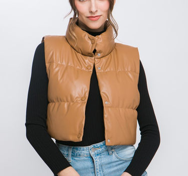 PU Faux Leather puffer West With Snap Button