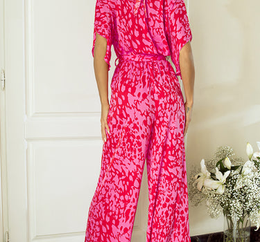 Rose Leopard Loose Sleeve Belted Wide Leg Jumpsuit