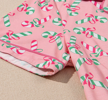 Pink Christmas Candy Cane Print Pocketed Knotted Pajama Set