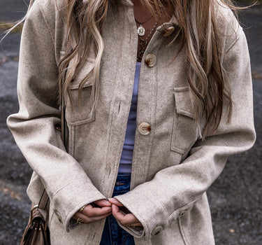 Light Grey Turn Down Collar Flap Pockets Buttoned Shacket