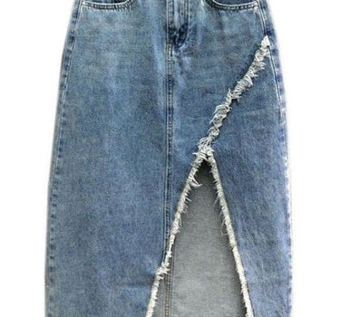 Distressed denim midi skirt