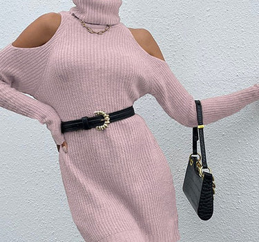 Pink Black Turtleneck Cold-Shoulder Sweater Dress