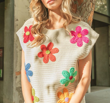 Crochet Flower Embroidery Knit Top