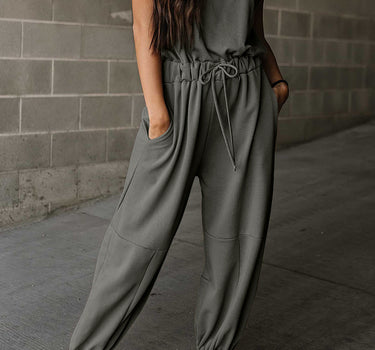 Medium Grey Cap Sleeve Open Back Drawstring Jogger Jumpsuit