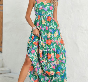 Boho Floral Ruffle Sleeveless Tiered Maxi Dress