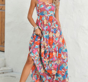 Boho Floral Ruffle Sleeveless Tiered Maxi Dress