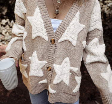 Khaki Sherpa Star Pattern Textured Sweater Cardigan with Pockets