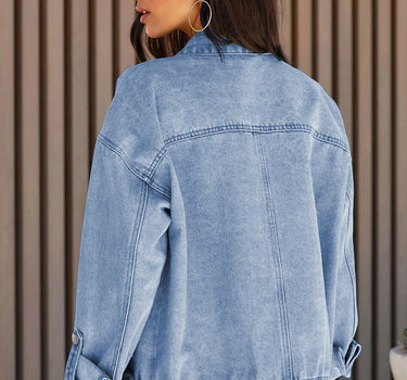 Sky Blue Roll-Up Tab Sleeve Button Down Pocket Denim Jacket