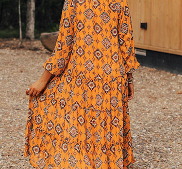 Orange Western Geometric Print Tiered Frilled Loose Fit Midi Dress