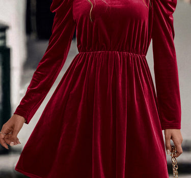 Red Dahlia Velvet Frilled Neck Gigot Sleeve Swing Dress