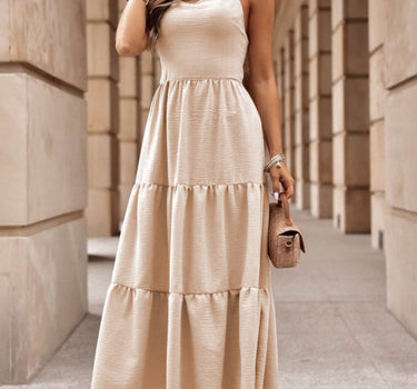 Oatmeal Crossover Backless Bodice Tiered Maxi Dress