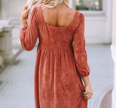 Brown Suede Square Neck Puff Sleeve Dress