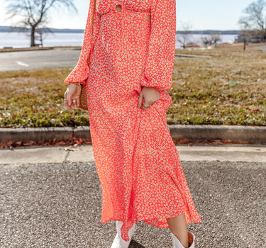 Red Floral Long Puff Sleeve V Neck Hollow Out Dress