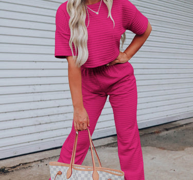 Rose Red Lattice Textured Cropped Tee and Jogger Pants Set