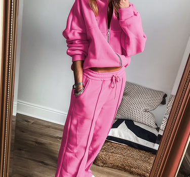 Bright Pink Solid Seamed Zipper Jacket and Drawstring Waist Pants Set