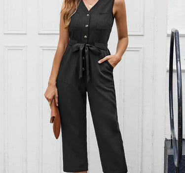 Black Buttoned Sleeveless Cropped Jumpsuit with Sash