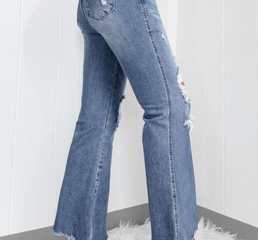 Dusk Blue High Rise Ripped Distressed Hem Flared Jeans