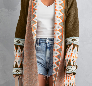 Brown Aztec Print Open Front Knitted Cardigan