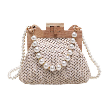 Women's small straw solid color streetwear pearls lock clasp straw bag