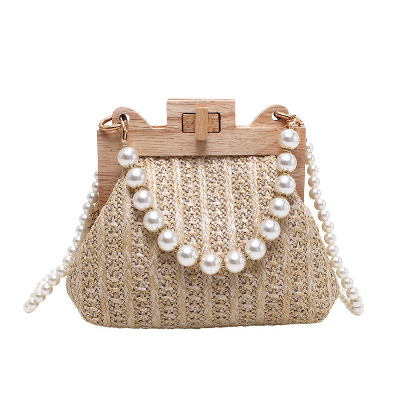 Women's small straw solid color streetwear pearls lock clasp straw bag
