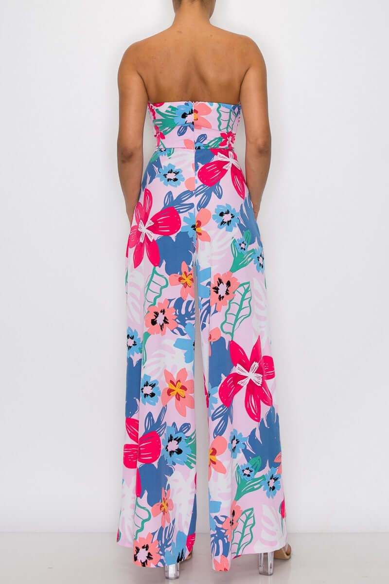 Flower print strapless heart neck front tie Jumpsuit