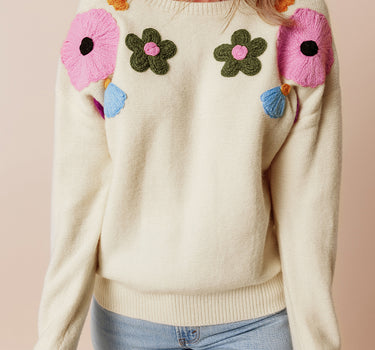 Beige Knitted Flower Pattern Ribbed Edge Sweater I