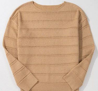 Pale Khaki Boat Neck Drop Shoulder Pointelle Knit Sweater