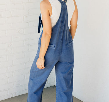 Prussian Blue Mineral Wash Knotted Strap Patched Pocket Wide Leg Denim Overalls