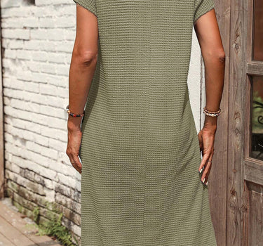 Jungle Green Waffle Texture Curved Hem Side Slit T-shirt Dress