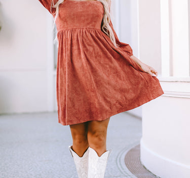 Brown Suede Square Neck Puff Sleeve Dress