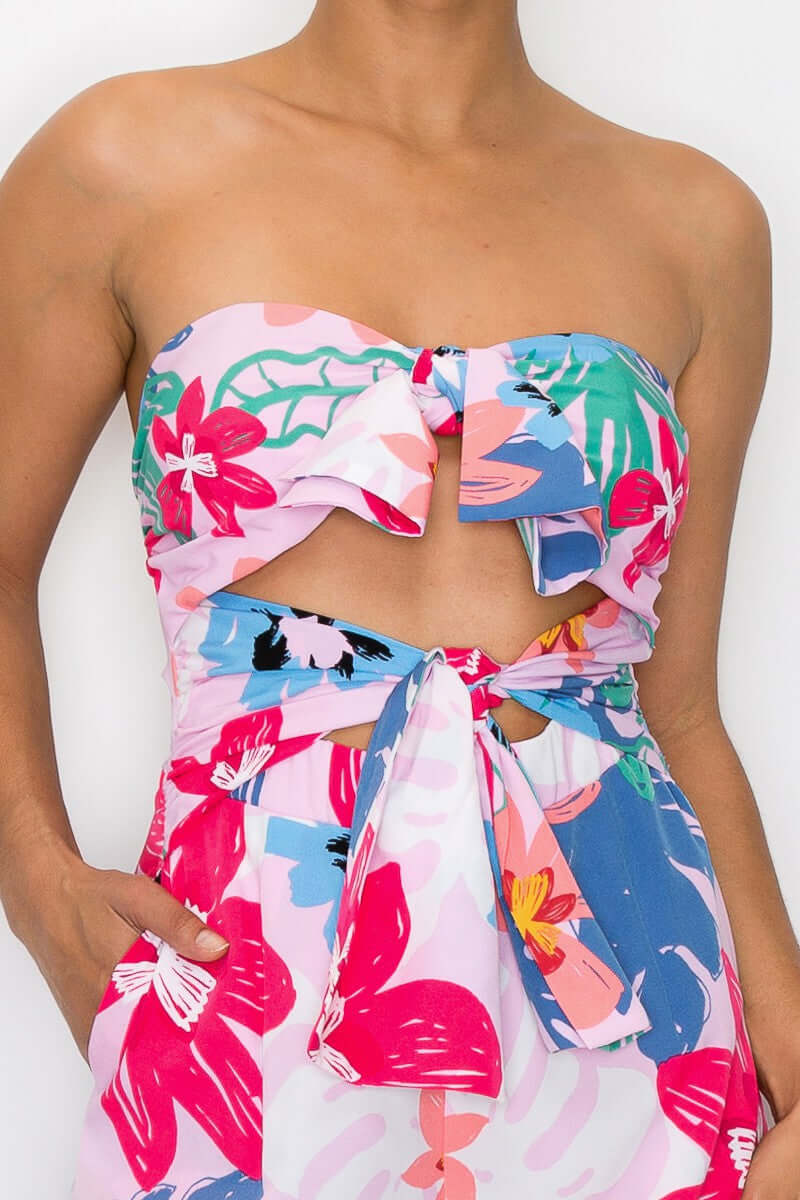 Flower print strapless heart neck front tie Jumpsuit