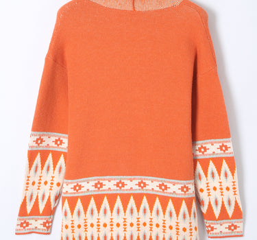 Orange Printed Aztec Print Open Front Knitted Cardigan