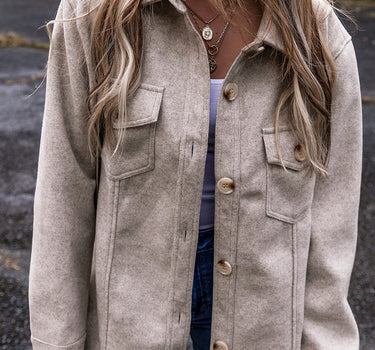 Light Grey Turn Down Collar Flap Pockets Buttoned Shacket