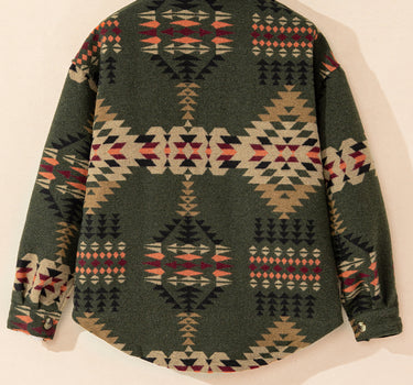 Green Aztec Print Flap Pockets Long Sleeve Shacket