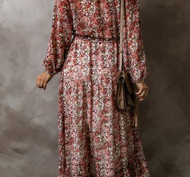 Brown Floral Print Split Front Tiered Frilled V Neck Midi Dress