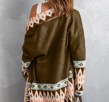 Brown Aztec Print Open Front Knitted Cardigan