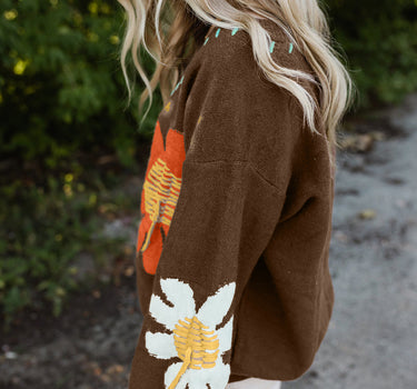 Coffee Big Flower Pattern V Neck Drop Shoulder Sweater